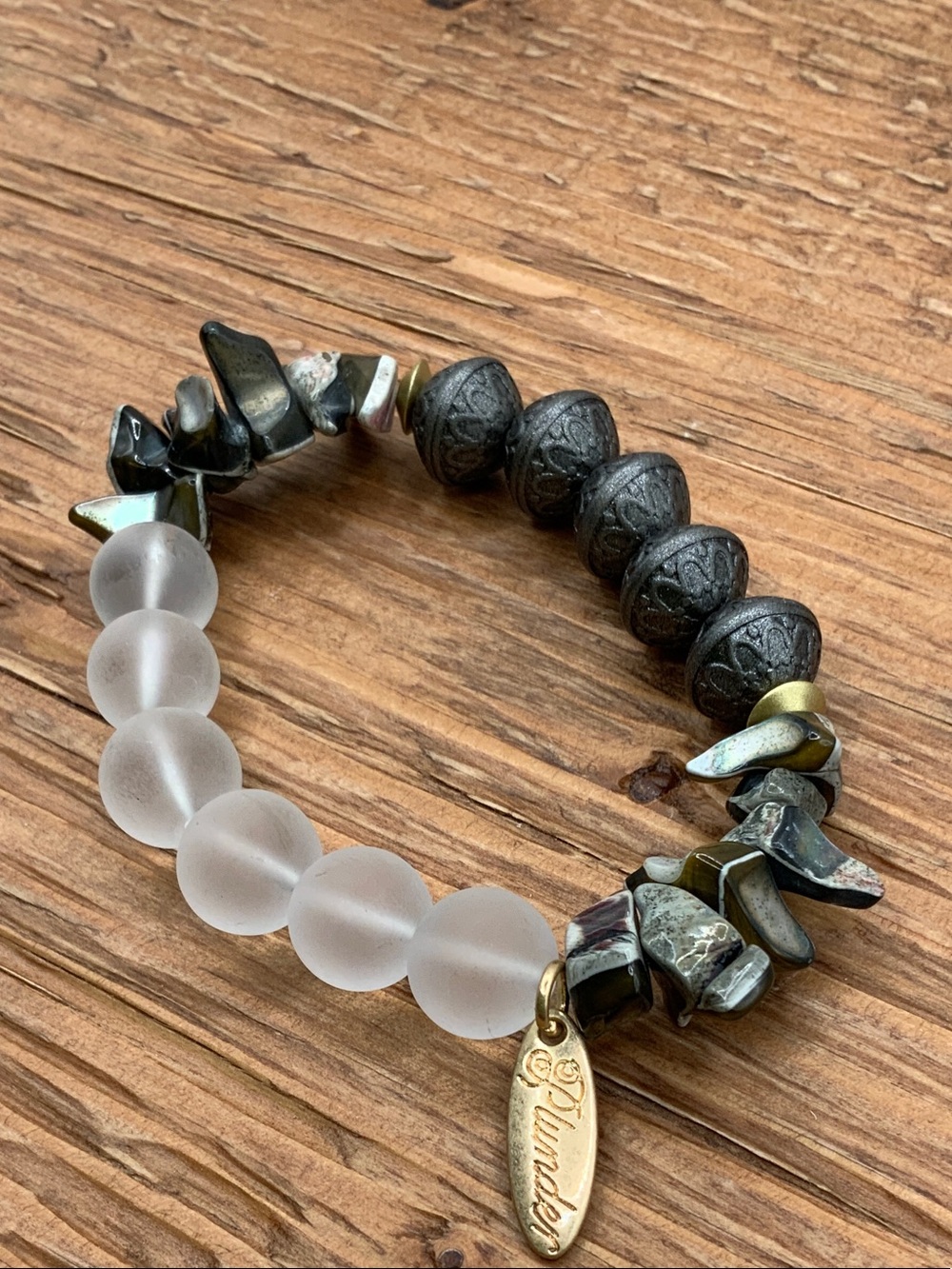 Plunder Design Frosted Glass Beads Etched Natural Shell Chips Stretch Bracelet